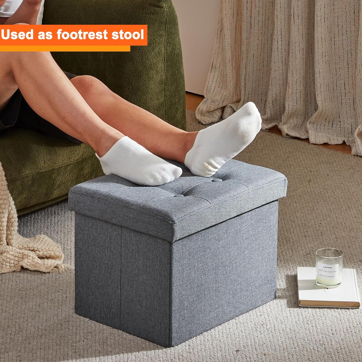 Storage Ottoman Footrest Stool Small Ottoman with Storage Foldable Ottomans Foot Rest Footstool Bench for Living Room 17x13x13inches Grey